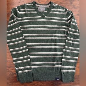Aeropostale Green and White Striped V-Neck Sweater